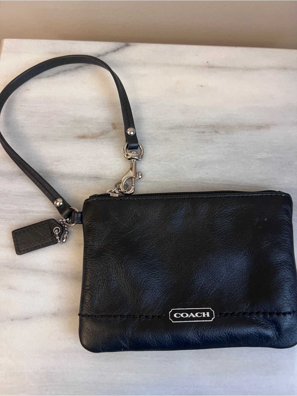 Coach Black Leather Wristlet Pouch with Logo Plaque